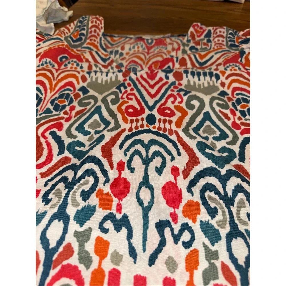 Boden Womens Red Blue Boho Ikat Linen V-Neck Puff Sleeve Blouse Top US 6 T0960